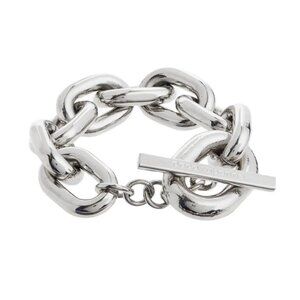 Paco Rabanne Silver Tone Chain Link Bracelet Womens Toggle Logo Engraved Brass